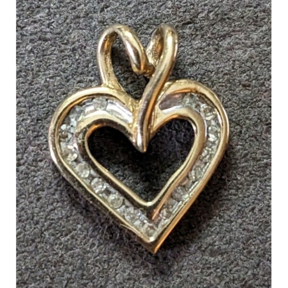 Vtg 10K Yellow Gold Diamond Double Heart Pendant Only Charm